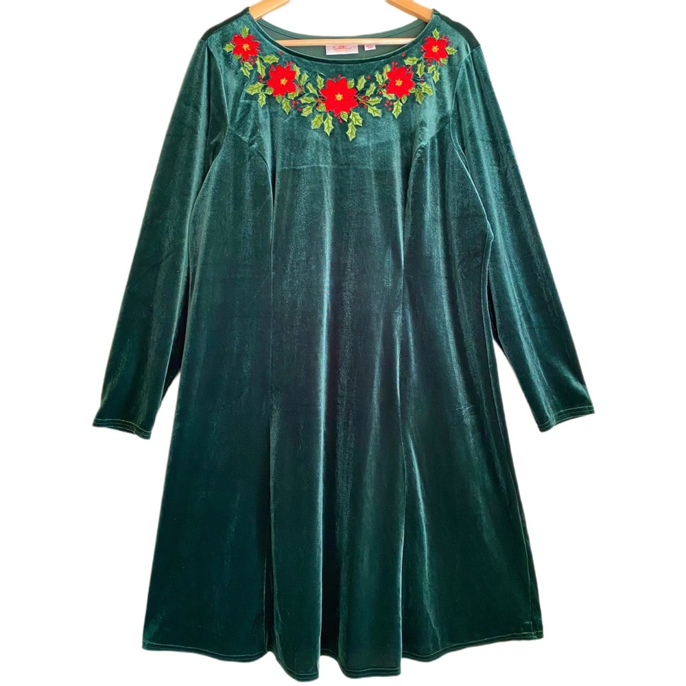 Quacker Factory Women’s Christmas Embroidered Velvet A-Line Dress XL Like New